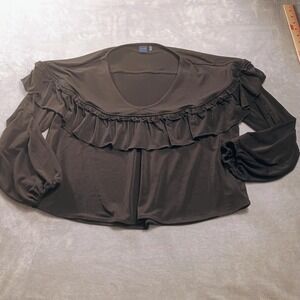 Kaari Blue Blouse Womens XL Black Ruffle Scoop Neck Long Balloon Sleeve Top